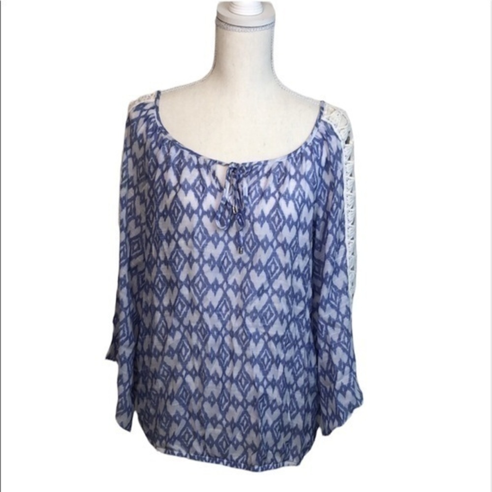 Alyx, Blue and white Blouse w/ lace cutouts on sleeves. Size S